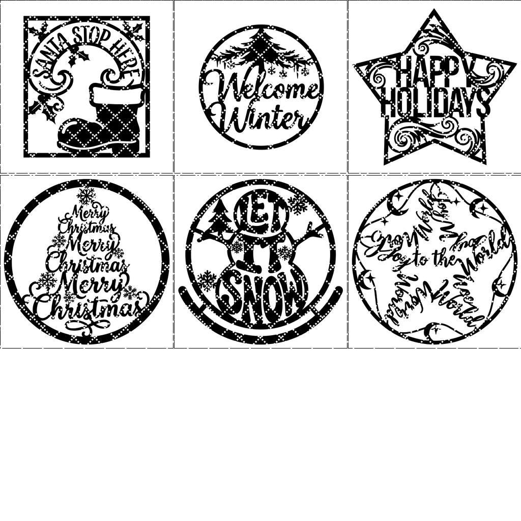 Round Christmas Door Hanger Sign Bundle, 6 Holiday Designs, Winter Porch Decor