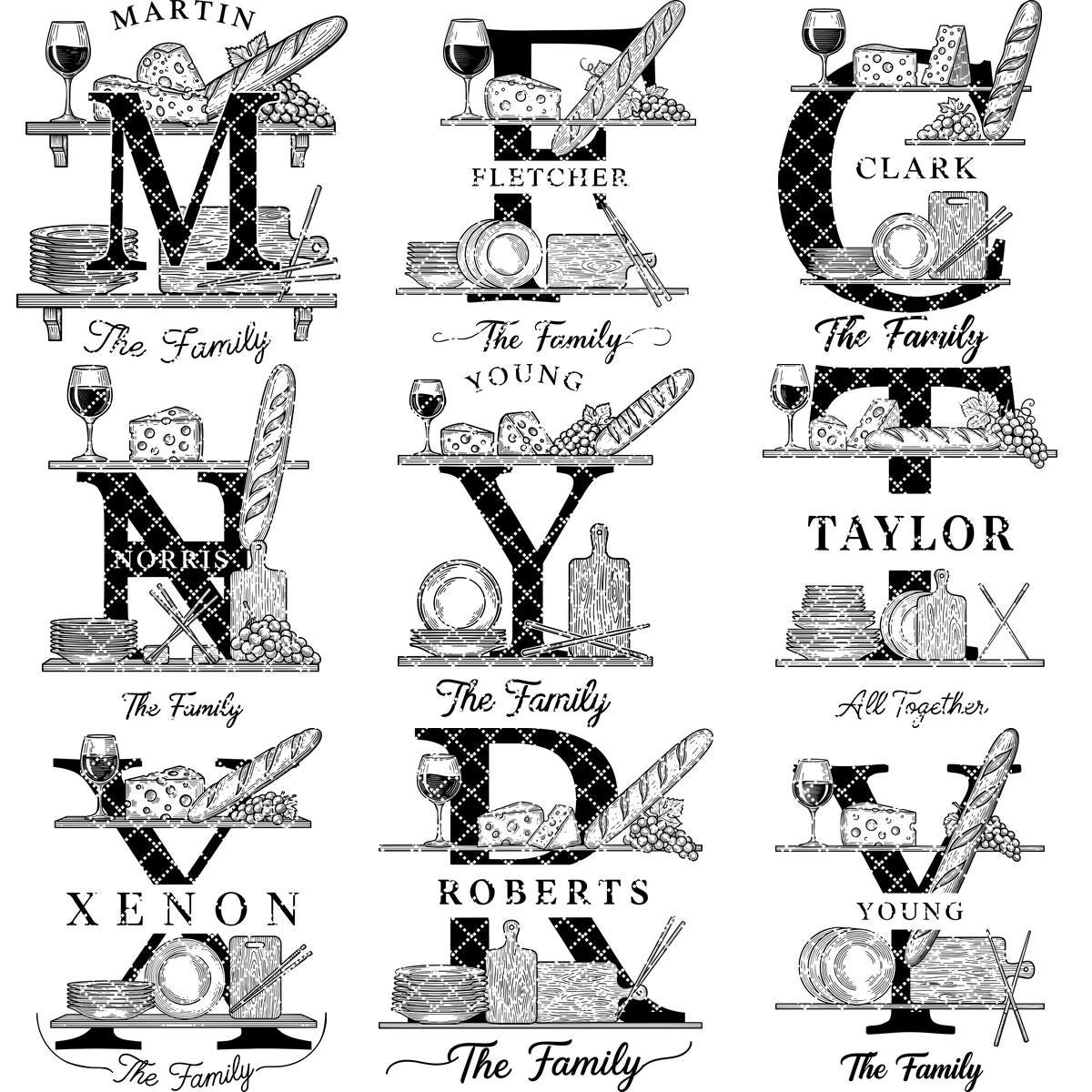 Wurstbrett Gravur Bundle, 52 Monogramm Alphabet Designs, Familiennamen Dateien – Bild 15