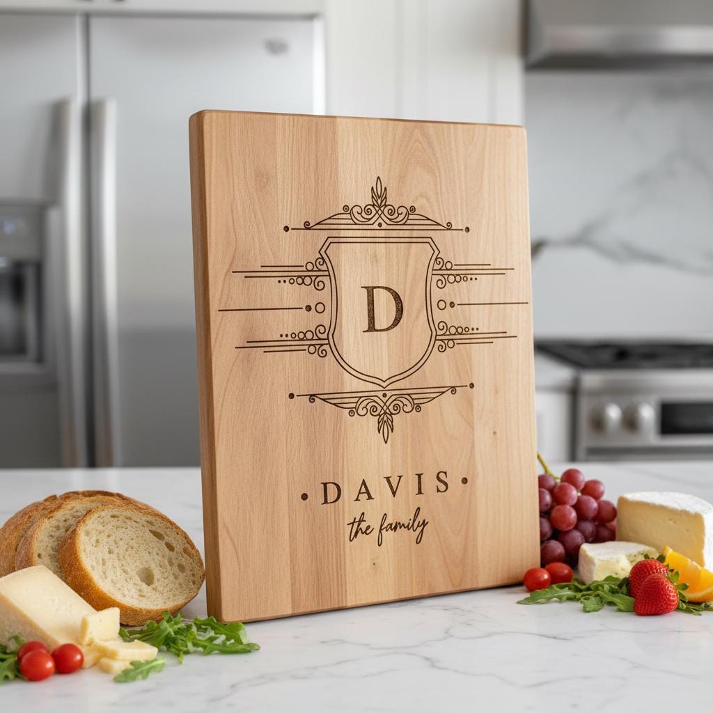 Charcuterie Board Laser Engraving File with Family Crest, Monogram Designs Gift