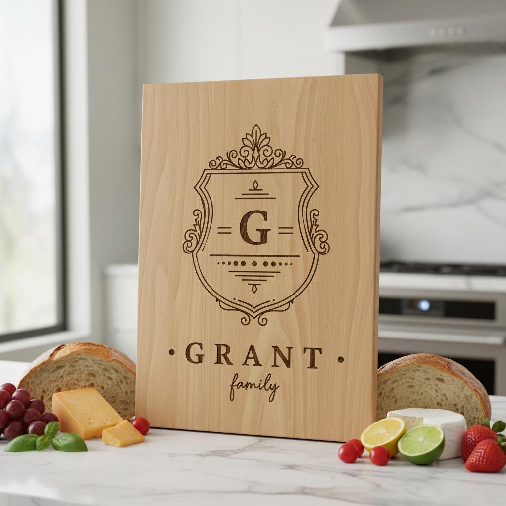Charcuterie Board Laser Engraving File with Family Crest, Monogram Designs Gift