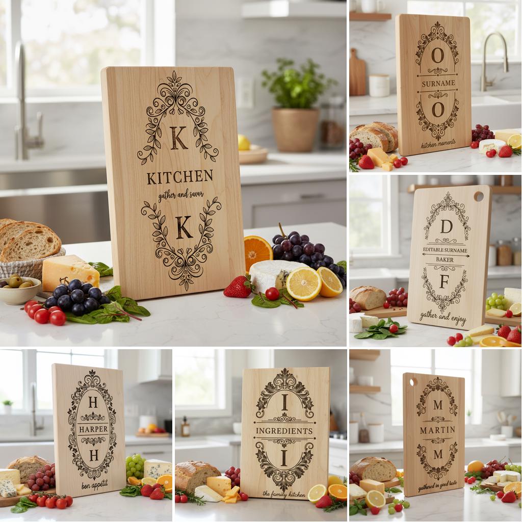 Charcuterie Board Monogram Bundle, Vintage Frame Engraving, Family Name Gift