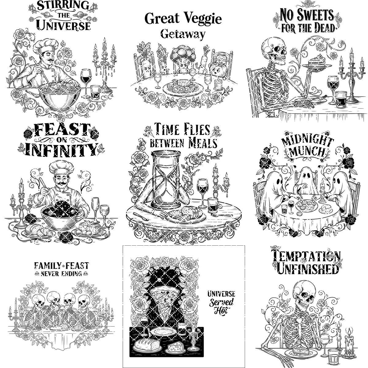 Diseños divertidos de tablas de embutidos, grabado caprichoso de verduras, decoración de cocina humorística. - Imagen 13