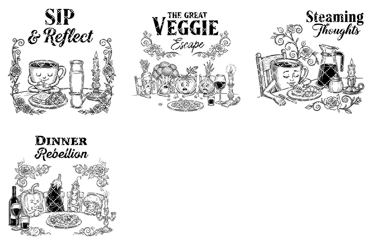 Diseños divertidos de tablas de embutidos, grabado caprichoso de verduras, decoración de cocina humorística. - Imagen 14