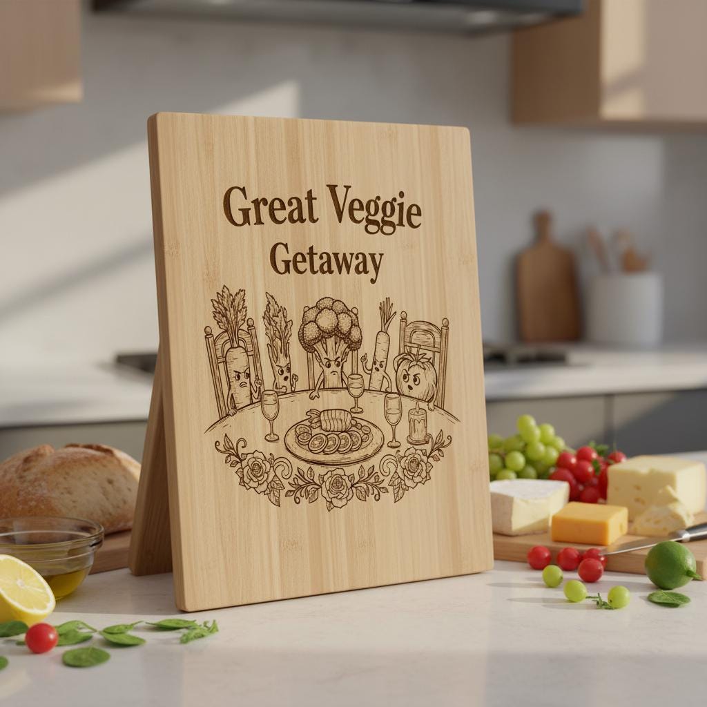 Diseños divertidos de tablas de embutidos, grabado caprichoso de verduras, decoración de cocina humorística. - Imagen 3