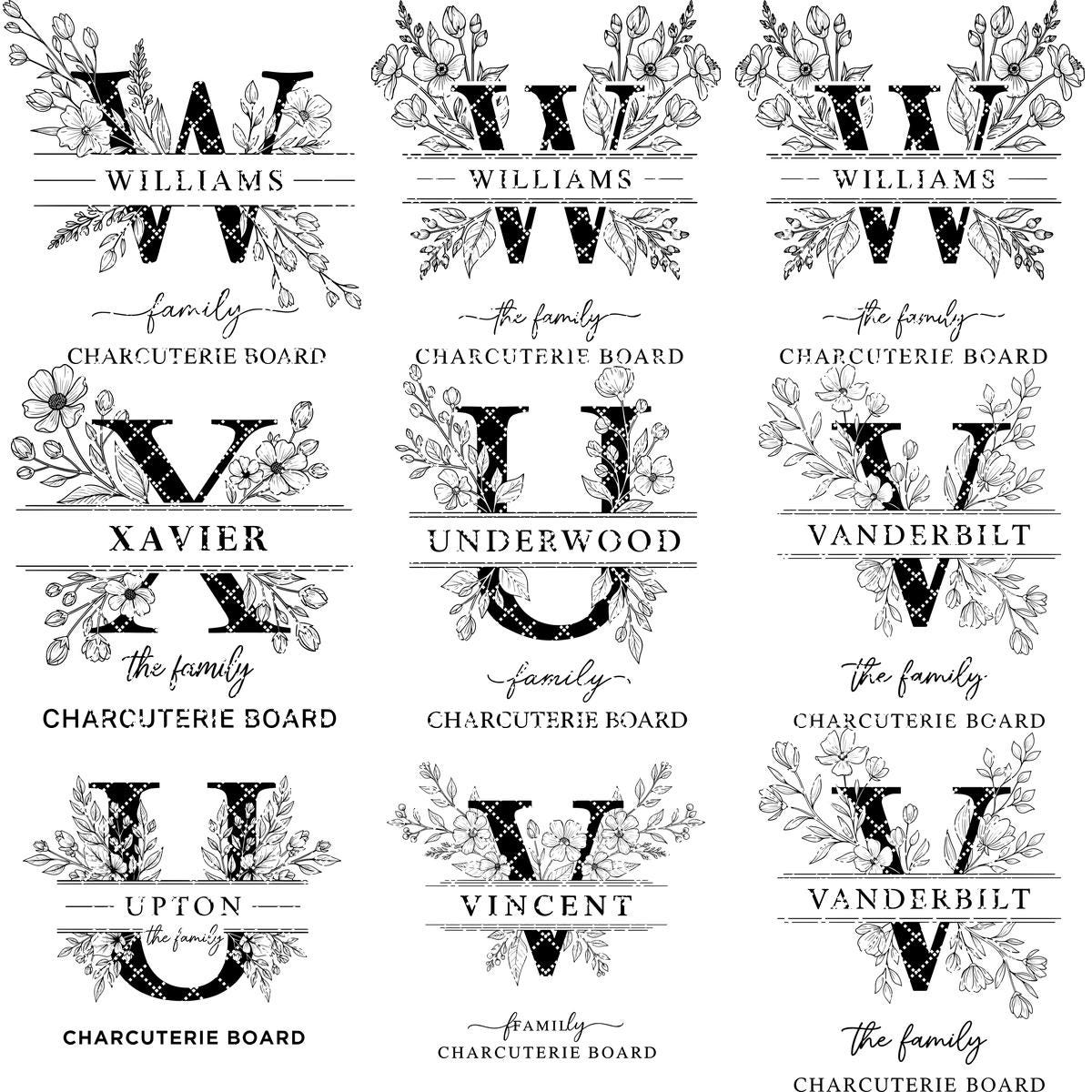 Laser Engraving File Alphabet, Family Monogram Design for Charcuterie Board Engraving