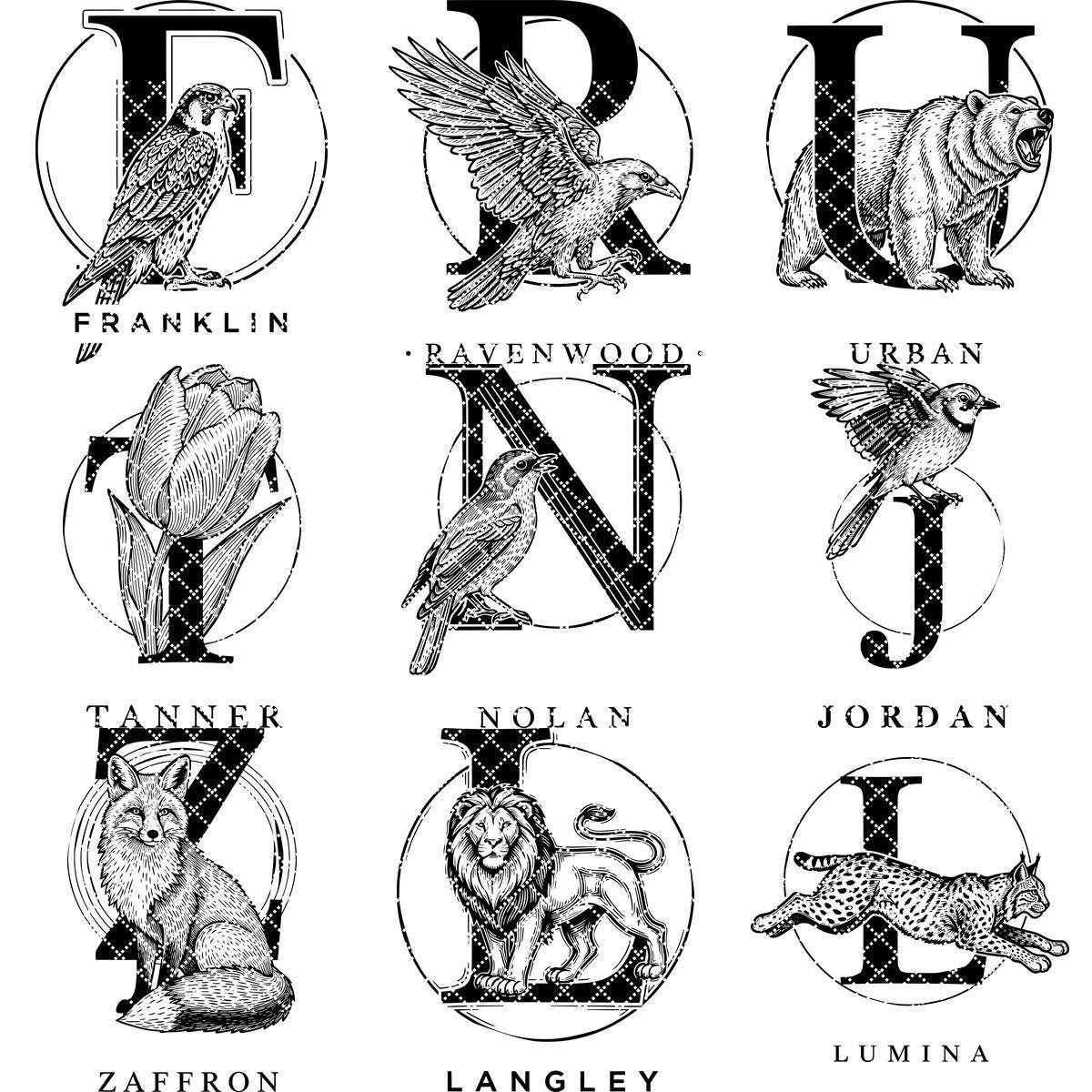 Monogram Bundle for Charcuterie Boards, Vintage Animal Letters, Engraving Gift
