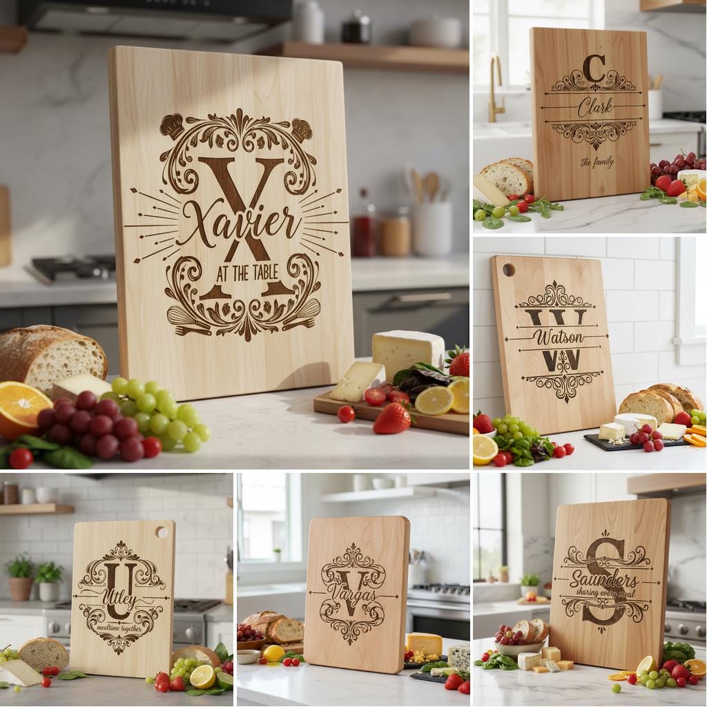 Monogram Engraving Board Bundle, Vintage Charcuterie Family Name Scrollwork Design
