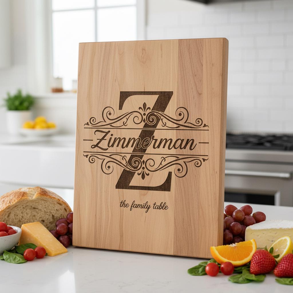 Bundle di tavola per incisione monogramma, design vintage con decori a voluta per salumi e nome di famiglia - immagine 11