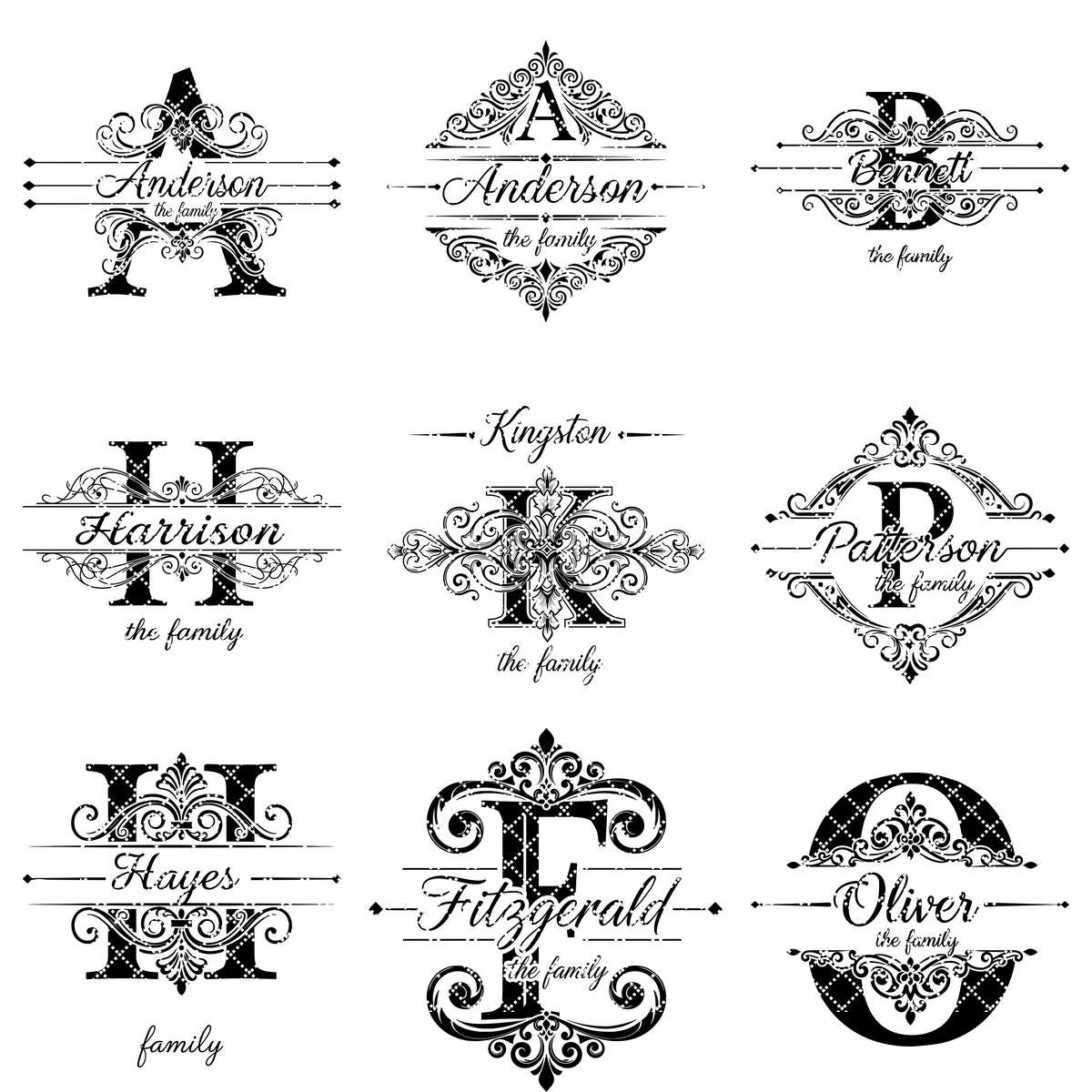 Bundle di tavola per incisione monogramma, design vintage con decori a voluta per salumi e nome di famiglia - immagine 12