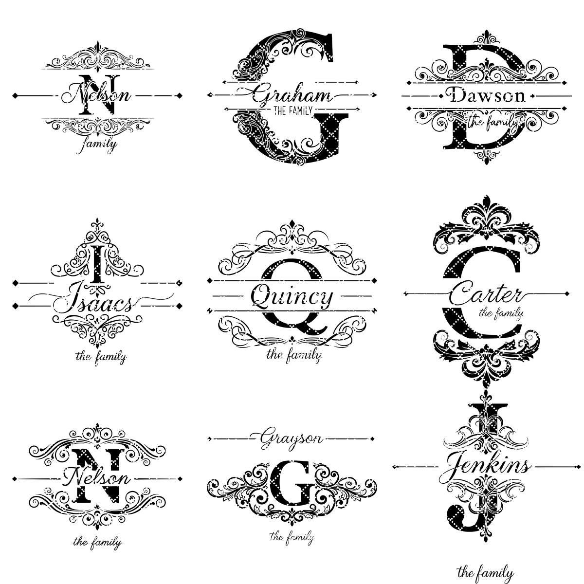 Bundle di tavola per incisione monogramma, design vintage con decori a voluta per salumi e nome di famiglia - immagine 13