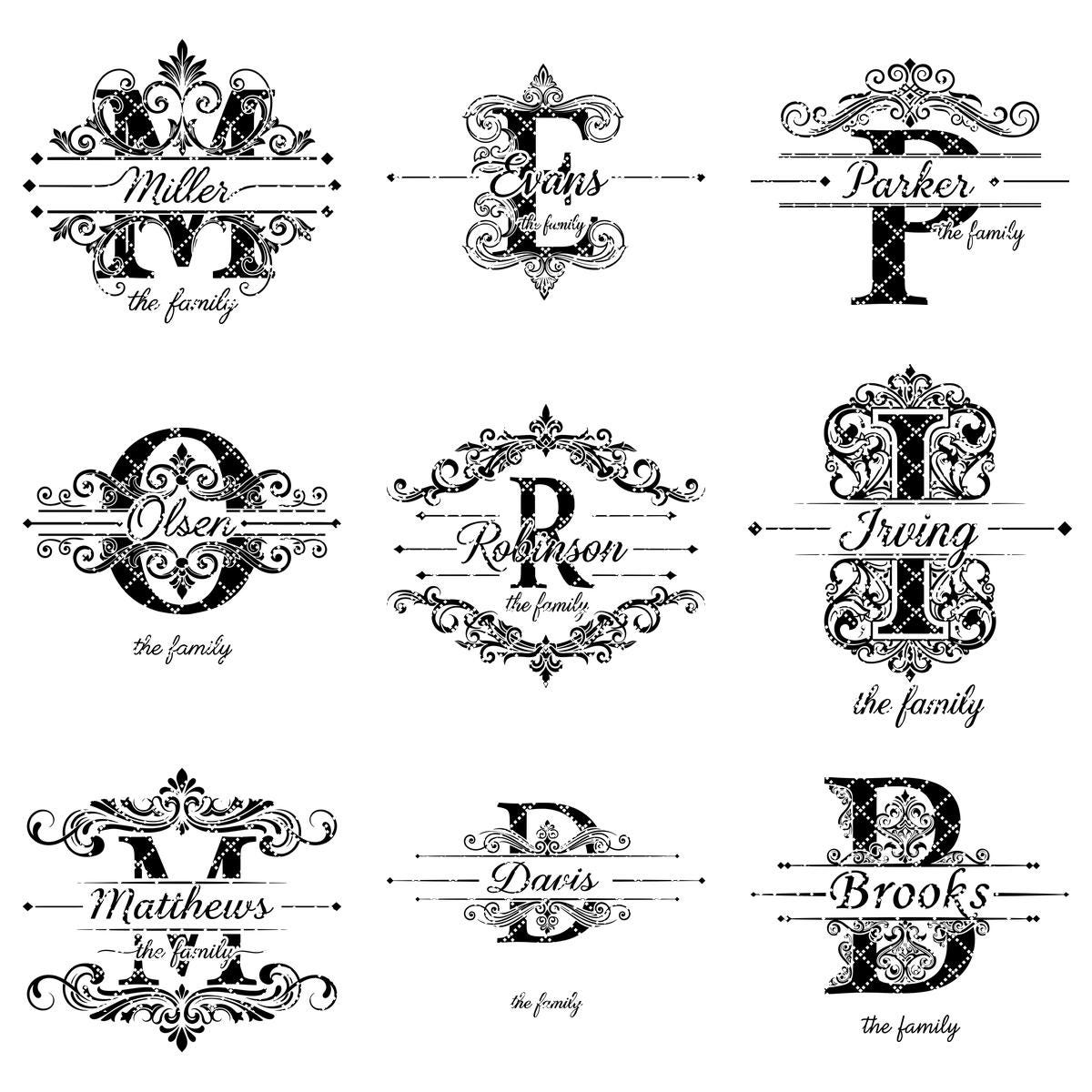 Bundle di tavola per incisione monogramma, design vintage con decori a voluta per salumi e nome di famiglia - immagine 14