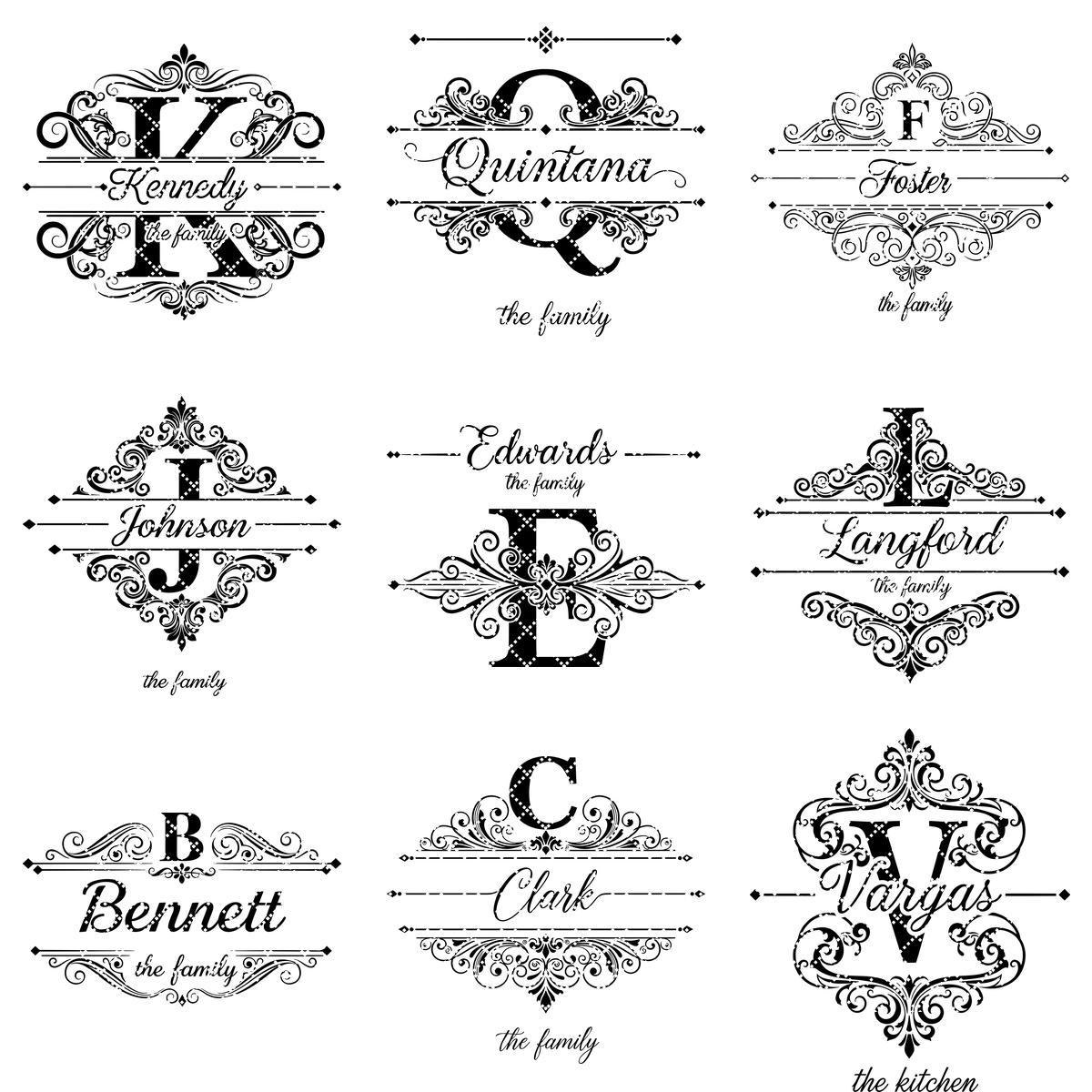 Bundle di tavola per incisione monogramma, design vintage con decori a voluta per salumi e nome di famiglia - immagine 15