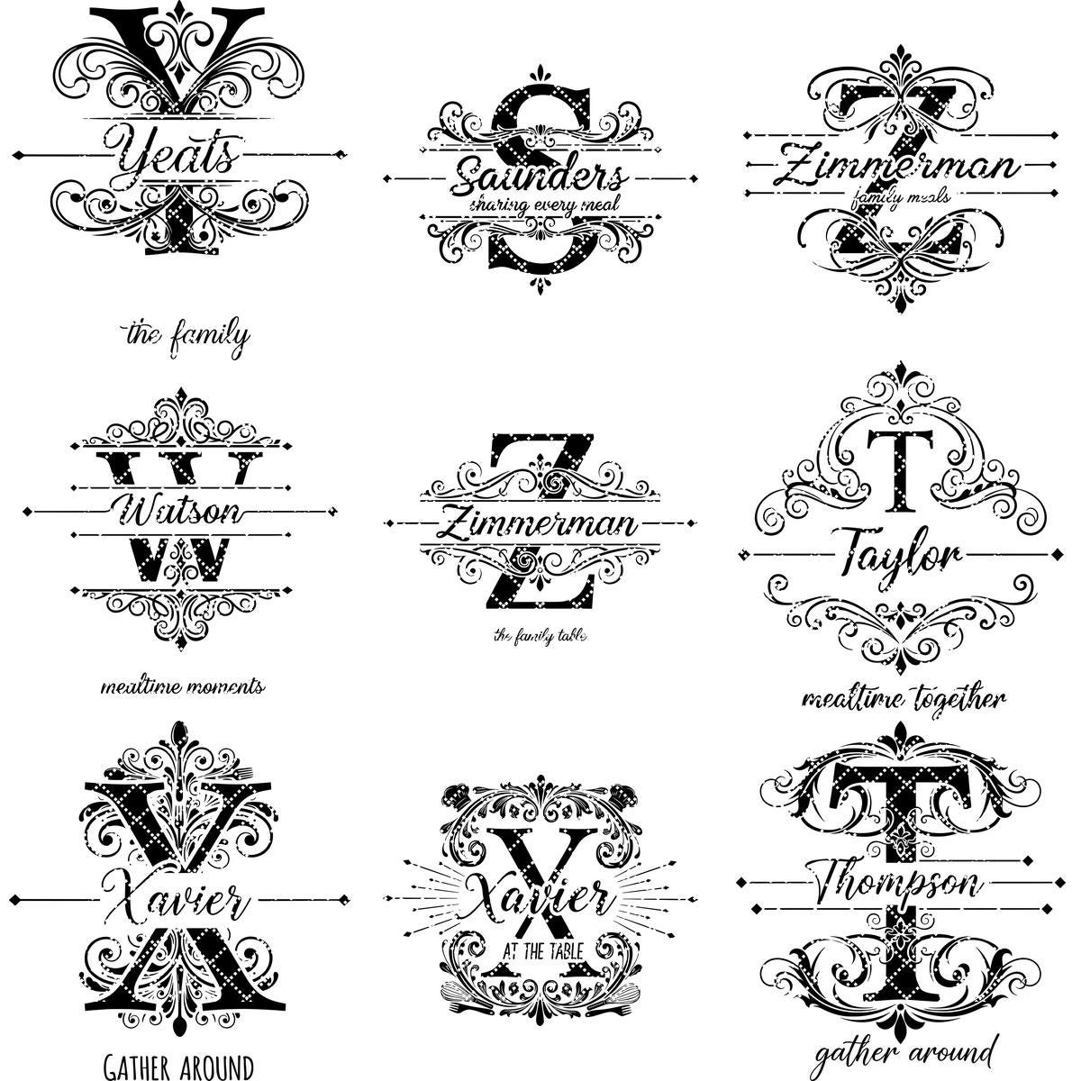 Bundle di tavola per incisione monogramma, design vintage con decori a voluta per salumi e nome di famiglia - immagine 16