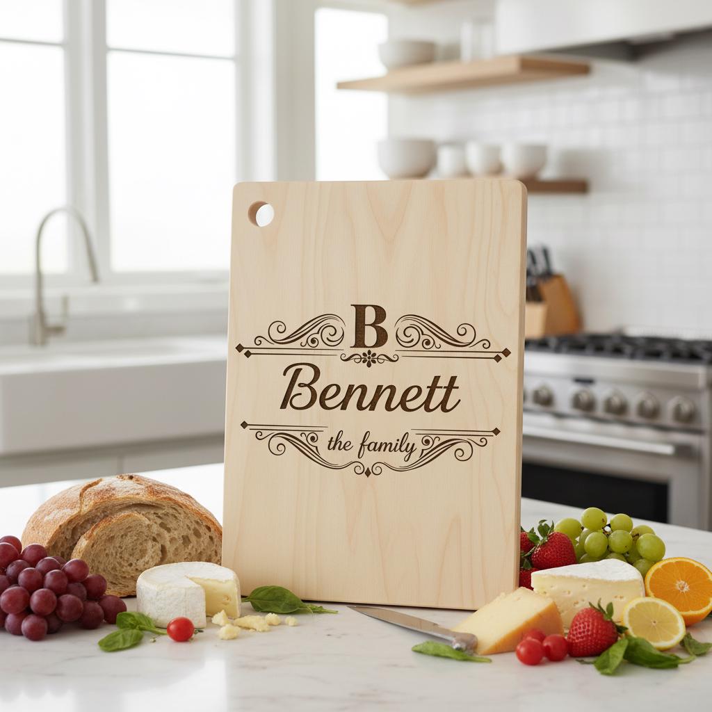 Bundle di tavola per incisione monogramma, design vintage con decori a voluta per salumi e nome di famiglia - immagine 2