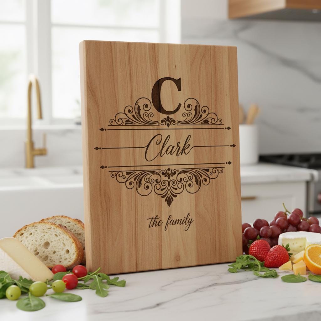 Bundle di tavola per incisione monogramma, design vintage con decori a voluta per salumi e nome di famiglia - immagine 3
