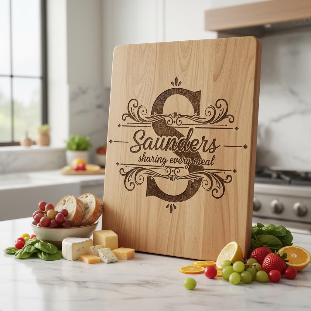 Bundle di tavola per incisione monogramma, design vintage con decori a voluta per salumi e nome di famiglia - immagine 4
