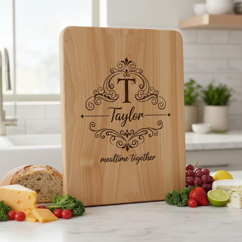 Bundle di tavola per incisione monogramma, design vintage con decori a voluta per salumi e nome di famiglia - immagine 5