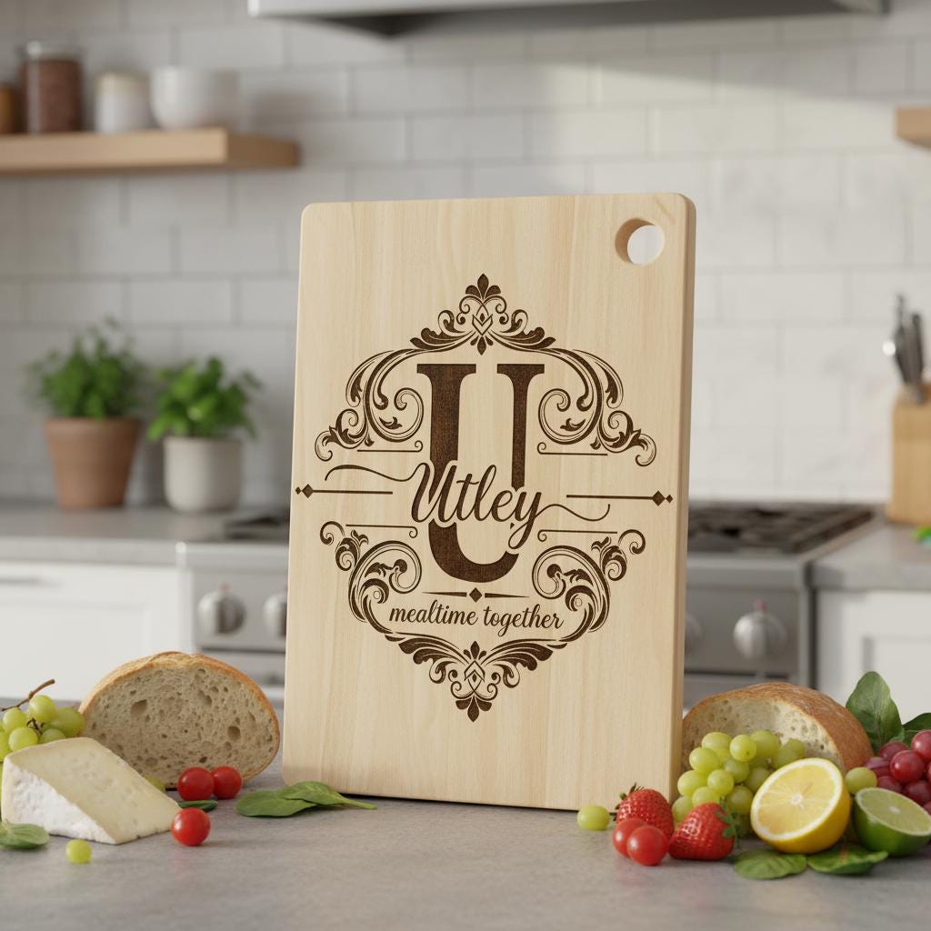 Bundle di tavola per incisione monogramma, design vintage con decori a voluta per salumi e nome di famiglia - immagine 6