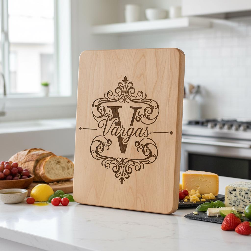 Bundle di tavola per incisione monogramma, design vintage con decori a voluta per salumi e nome di famiglia - immagine 7