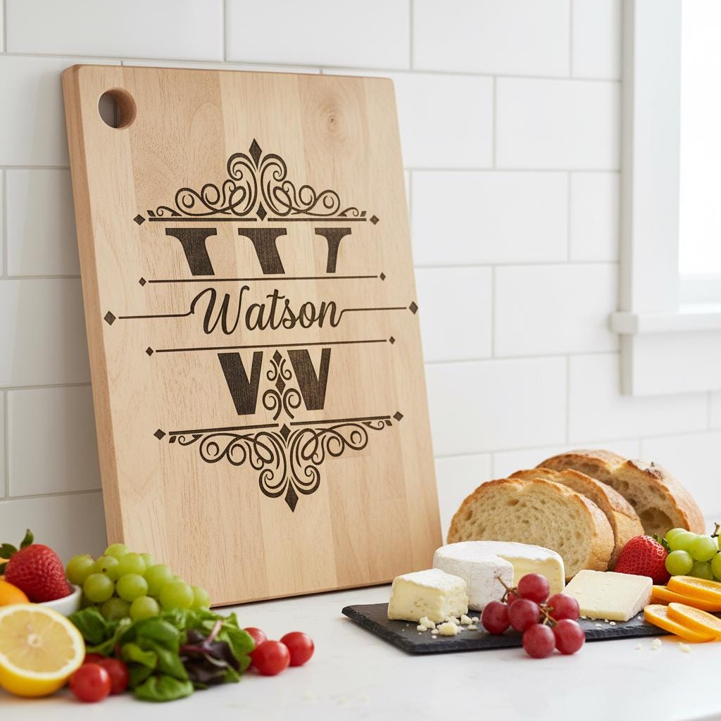 Bundle di tavola per incisione monogramma, design vintage con decori a voluta per salumi e nome di famiglia - immagine 8