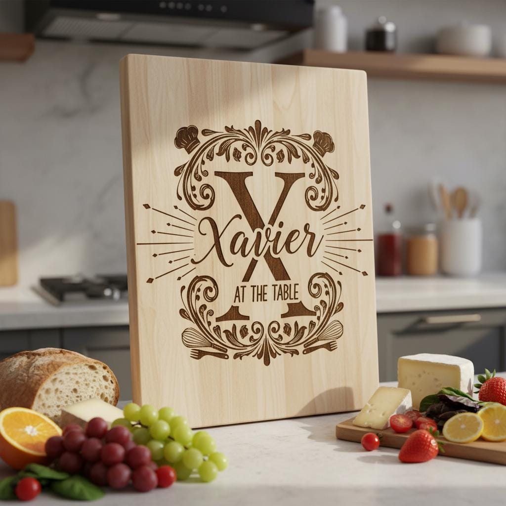 Bundle di tavola per incisione monogramma, design vintage con decori a voluta per salumi e nome di famiglia - immagine 9