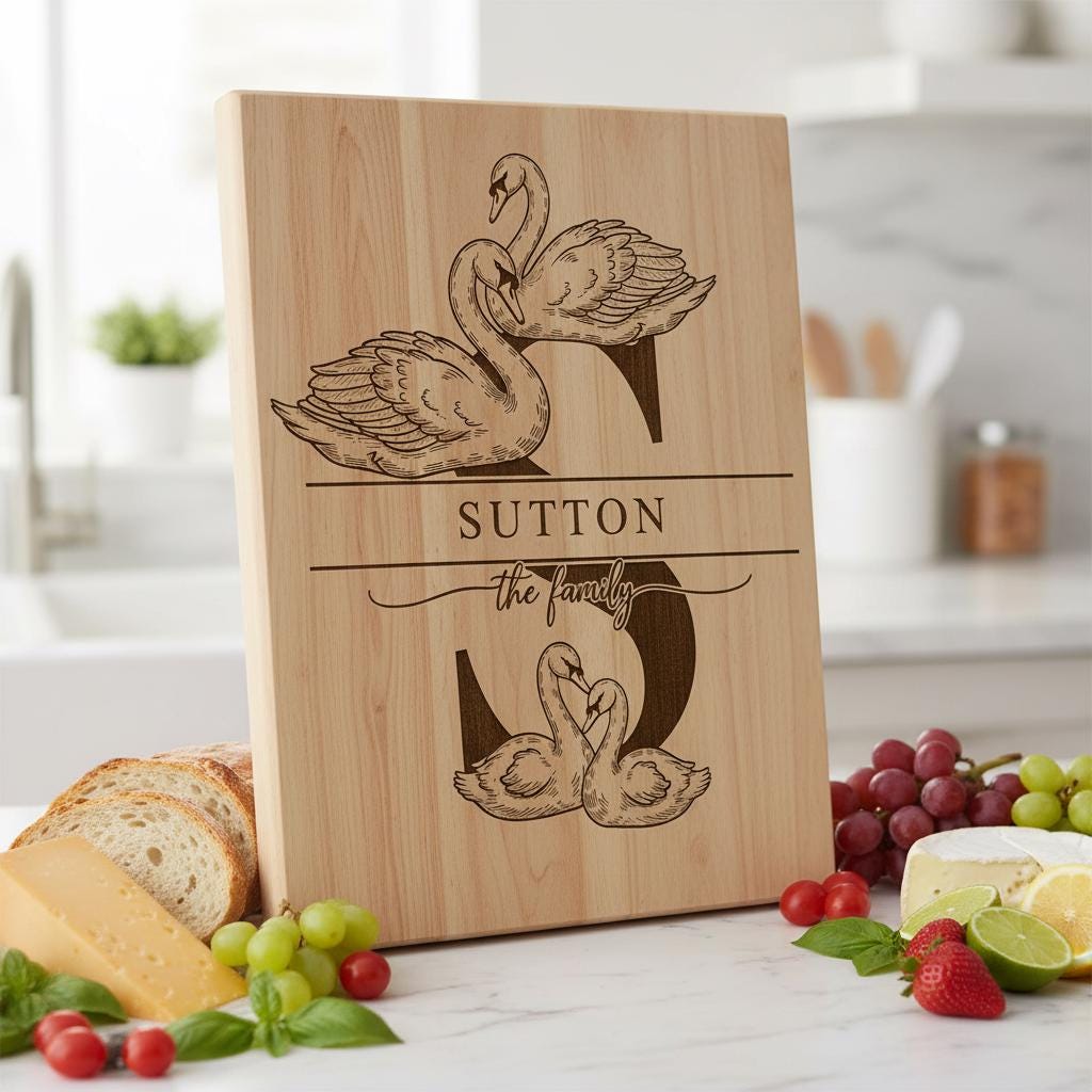 Monogramm Schwan Laser Gravur Designs, personalisierte Charcuterie-Board Rahmen, Familienname – Bild 8