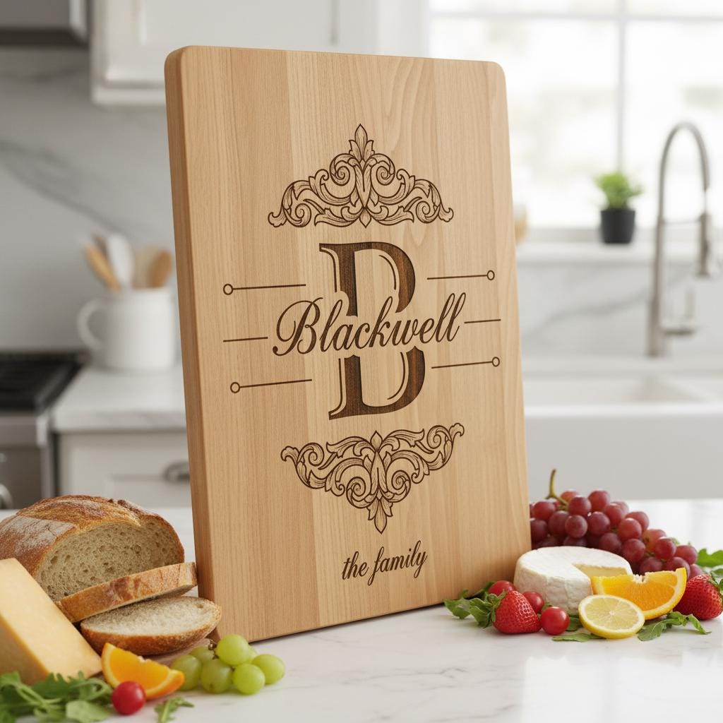 Motifs de monogrammes vintage avec gravure du nom de famille pour planches à découper et à charcuterie – Image 2