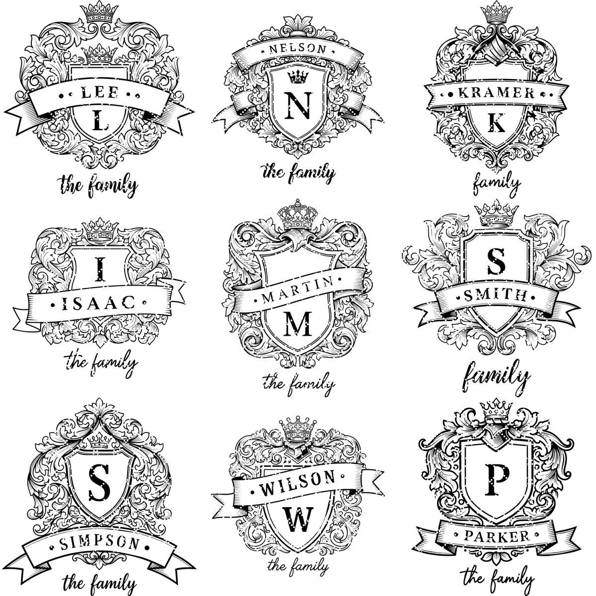 Personalized Monogram Family Crest Bundle, Vintage Shield and Alphabet Designs