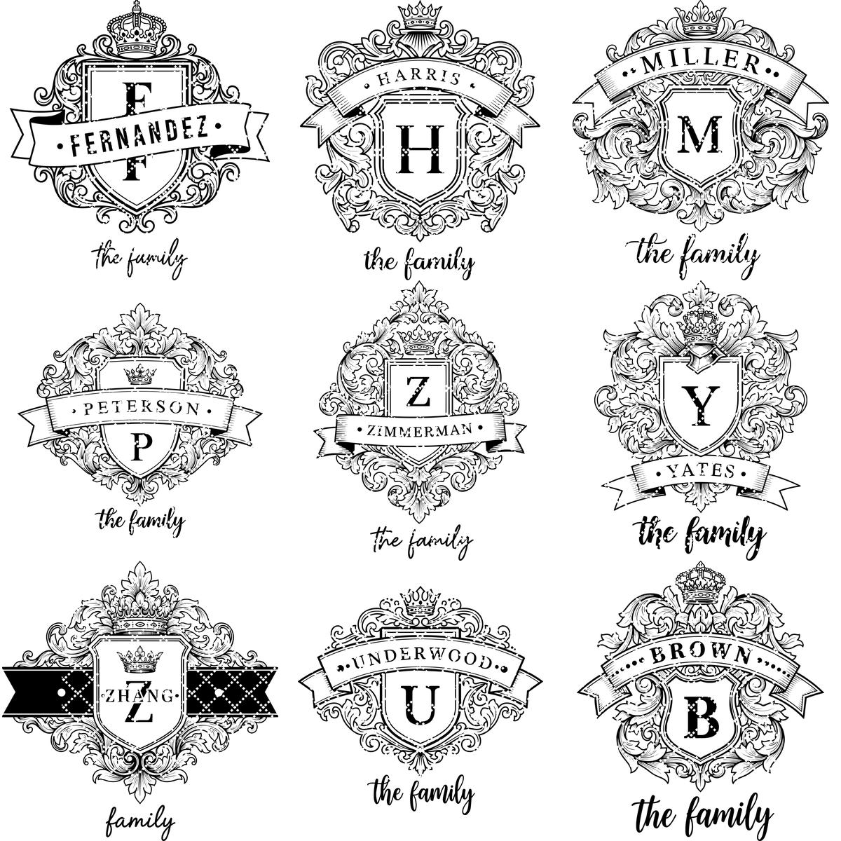 Personalized Monogram Family Crest Bundle, Vintage Shield and Alphabet Designs