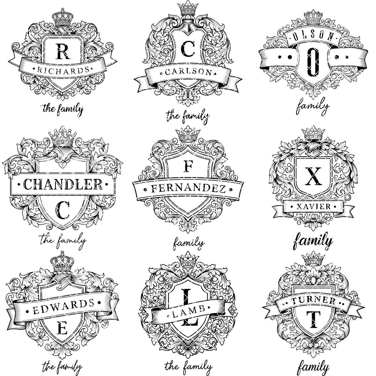 Personalized Monogram Family Crest Bundle, Vintage Shield and Alphabet Designs