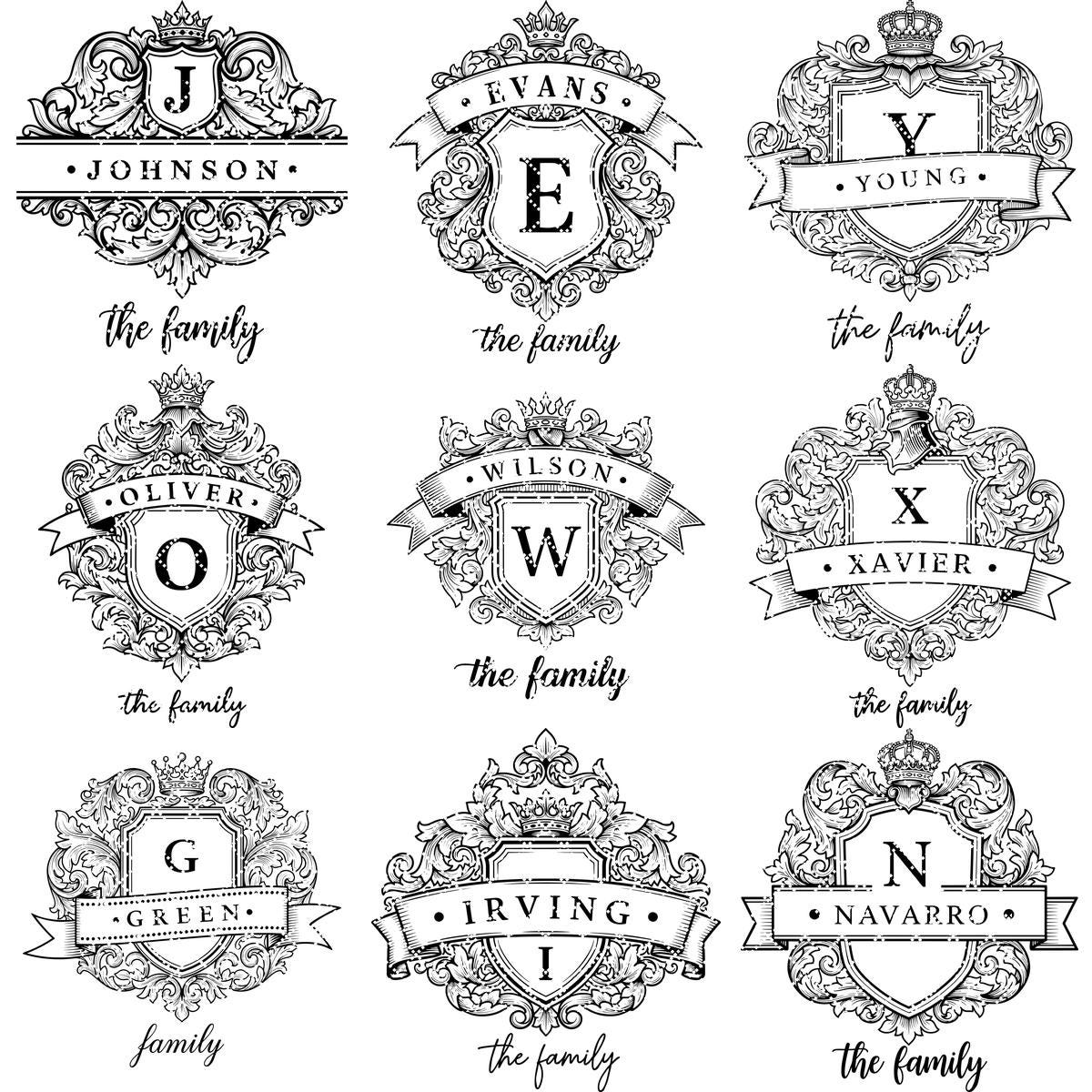 Personalized Monogram Family Crest Bundle, Vintage Shield and Alphabet Designs