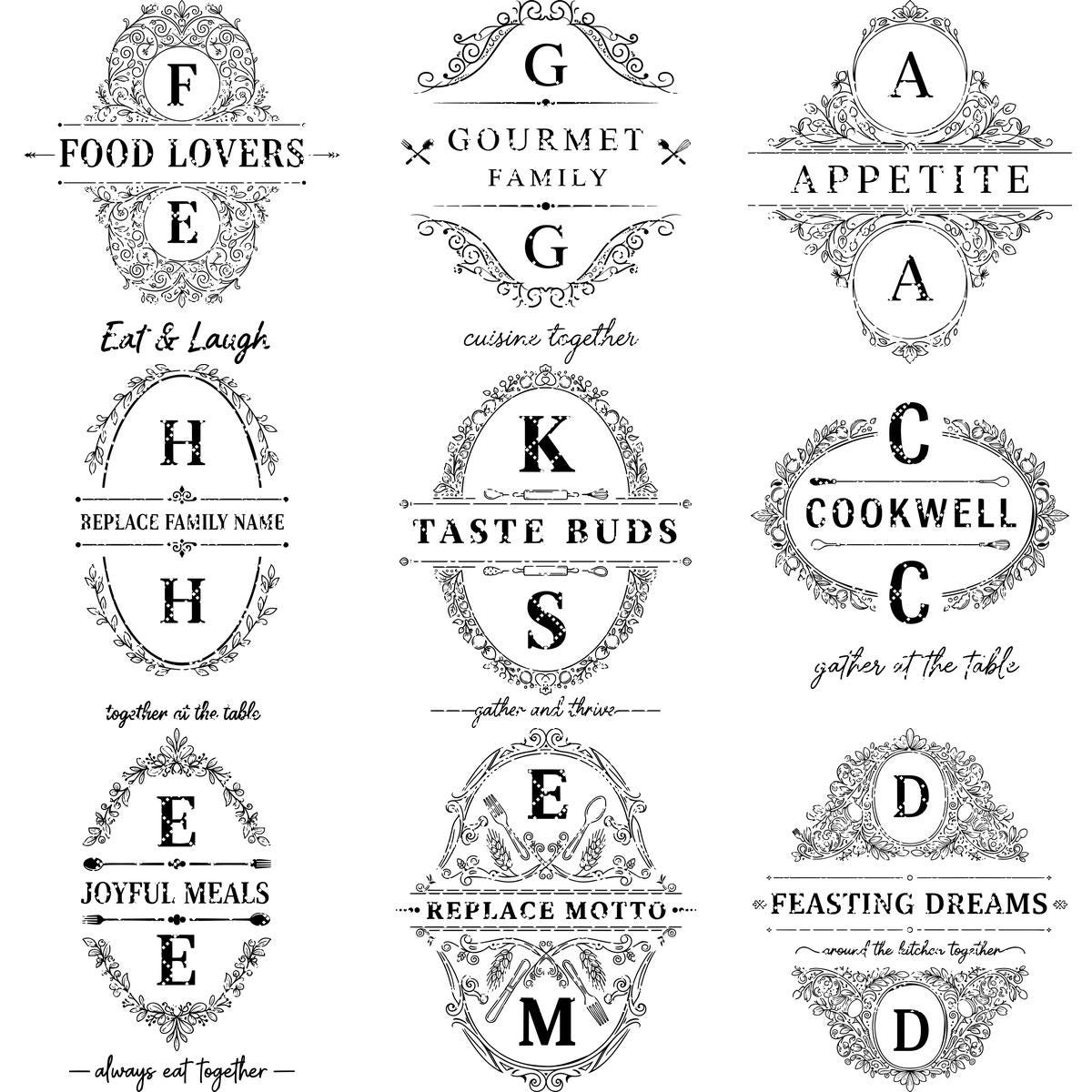 Motifs de planches à charcuterie vintage, lot de 52 gravures monogrammes avec nom de famille – Image 13