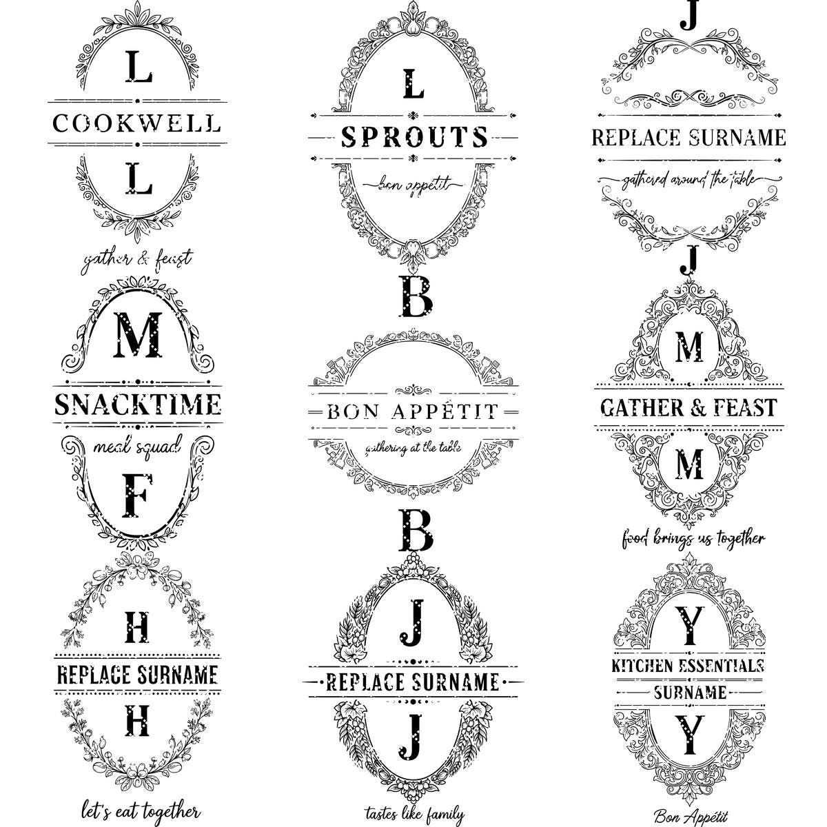 Motifs de planches à charcuterie vintage, lot de 52 gravures monogrammes avec nom de famille – Image 14