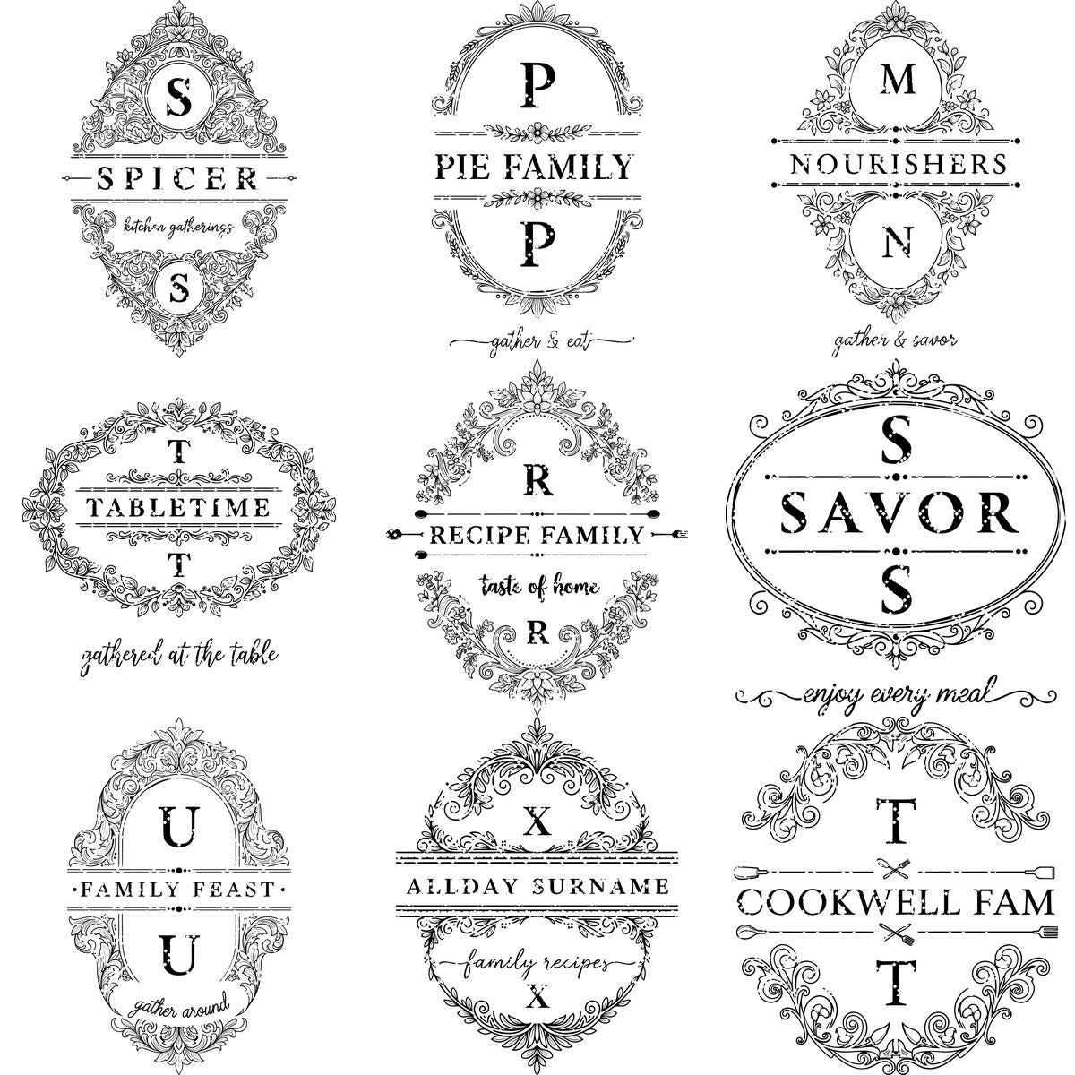 Motifs de planches à charcuterie vintage, lot de 52 gravures monogrammes avec nom de famille – Image 15