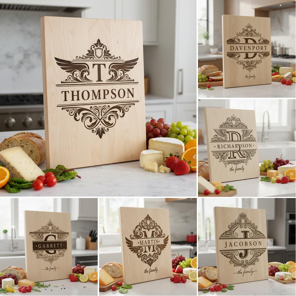 Vintage Crest Charcuterie Board Design, Personalized Family Name Serving Tray