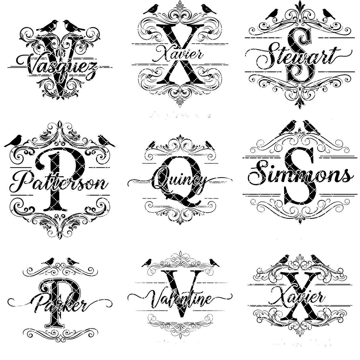 Motifs de gravure monogrammes vintage, 52 modèles de planches à charcuterie pour noms de famille – Image 15