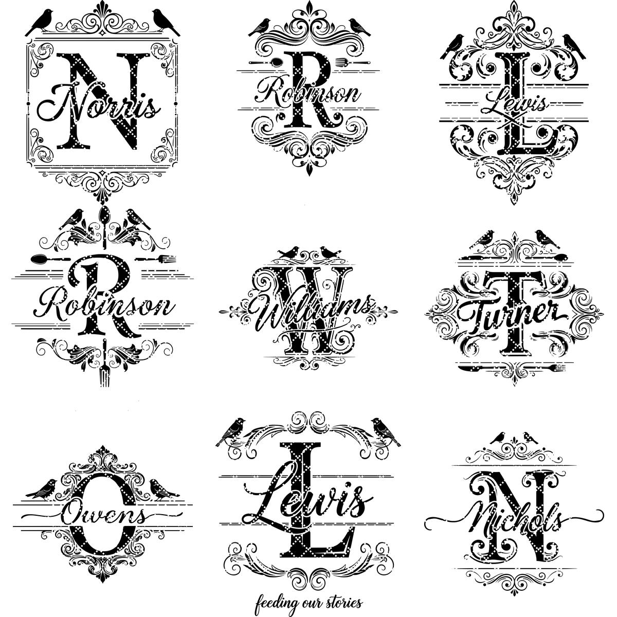 Motifs de gravure monogrammes vintage, 52 modèles de planches à charcuterie pour noms de famille – Image 16
