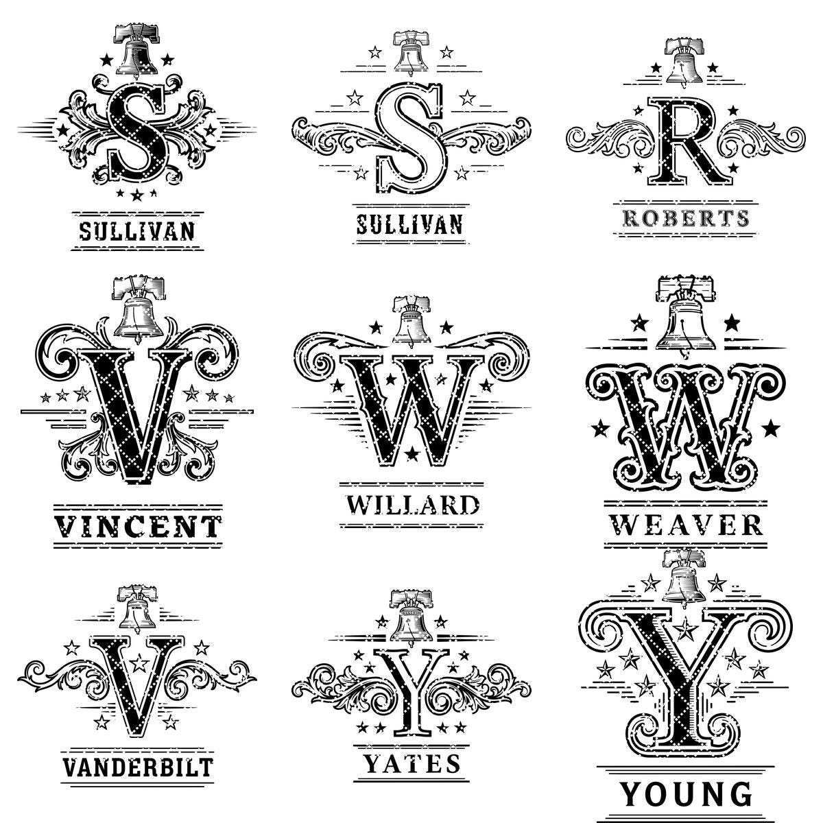 Pacchetto di design vintage per incisioni monogramma, 251 motivi ornamentali per nomi di famiglia - immagine 14