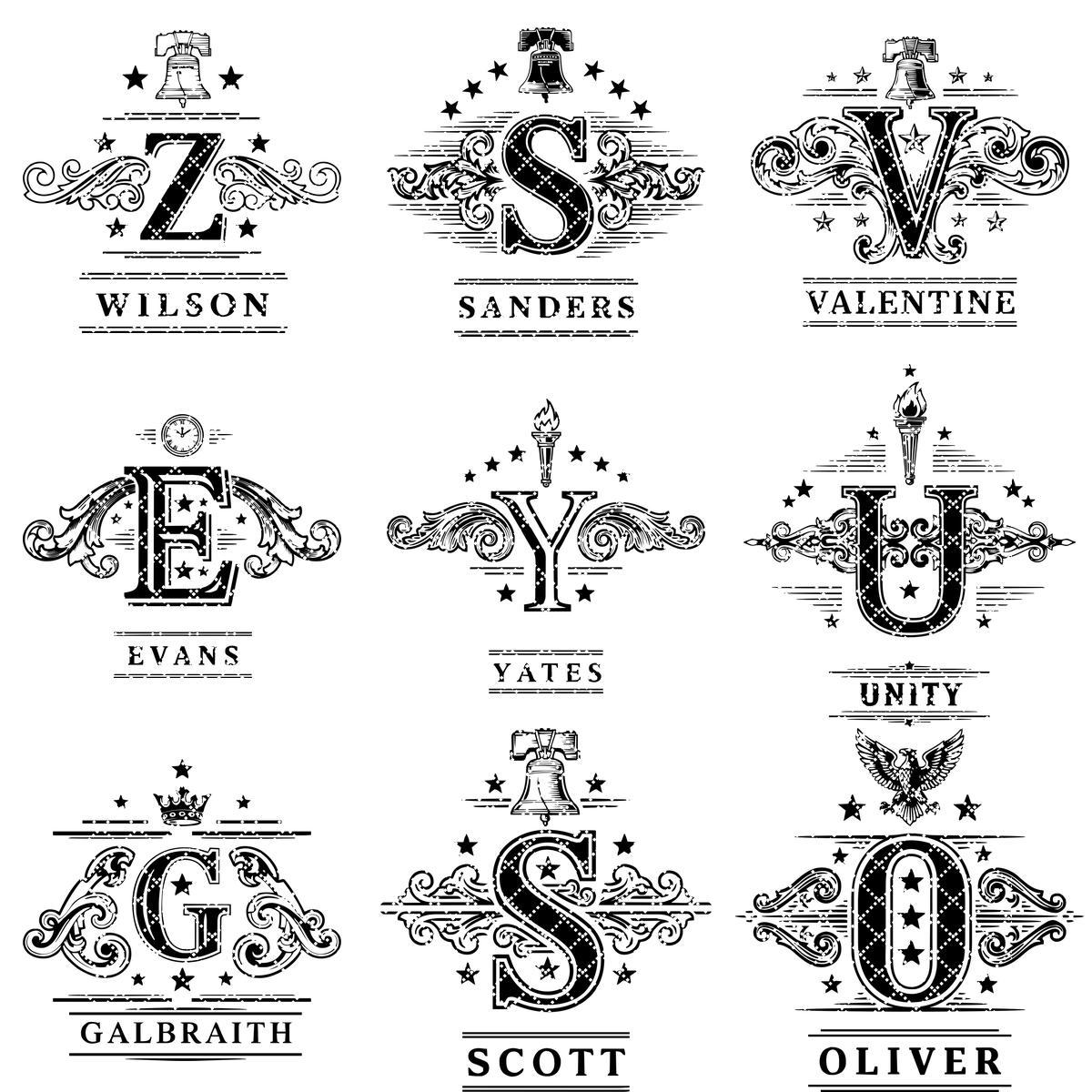 Pacchetto di design vintage per incisioni monogramma, 251 motivi ornamentali per nomi di famiglia - immagine 16