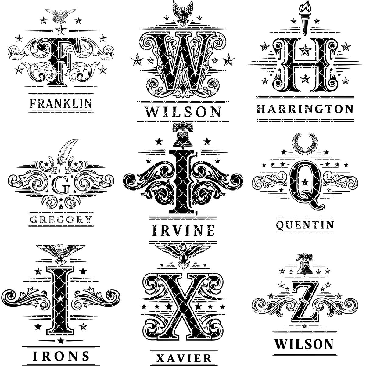 Pacchetto di design vintage per incisioni monogramma, 251 motivi ornamentali per nomi di famiglia - immagine 17