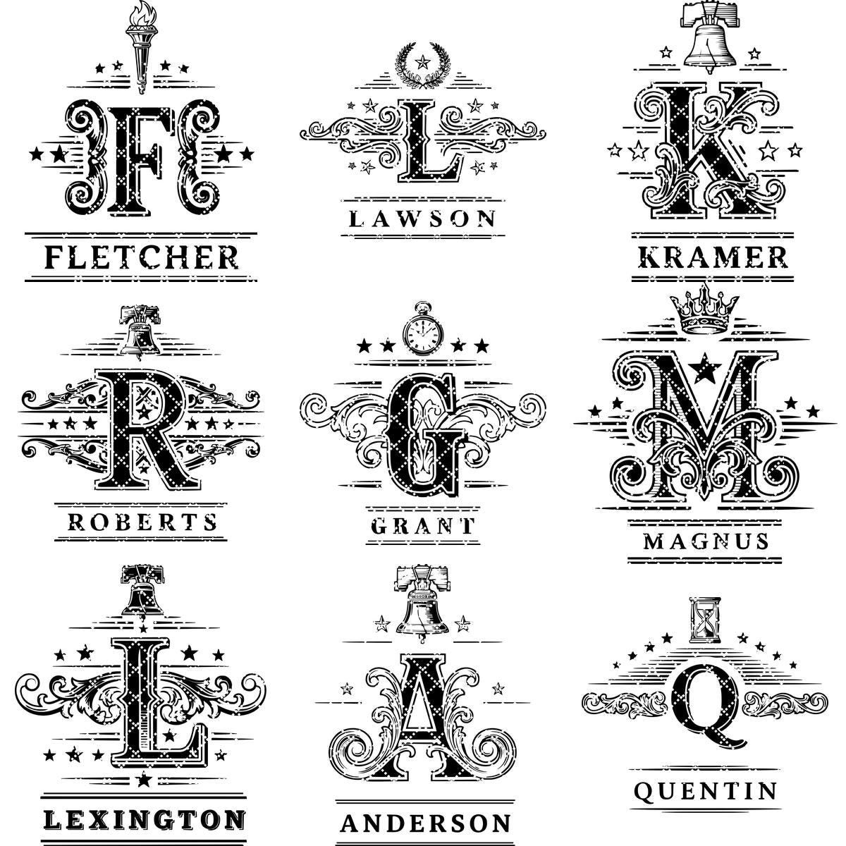 Pacchetto di design vintage per incisioni monogramma, 251 motivi ornamentali per nomi di famiglia - immagine 18