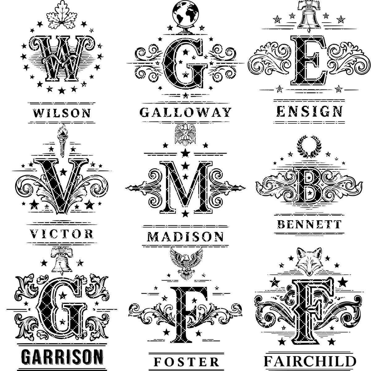 Pacchetto di design vintage per incisioni monogramma, 251 motivi ornamentali per nomi di famiglia - immagine 20