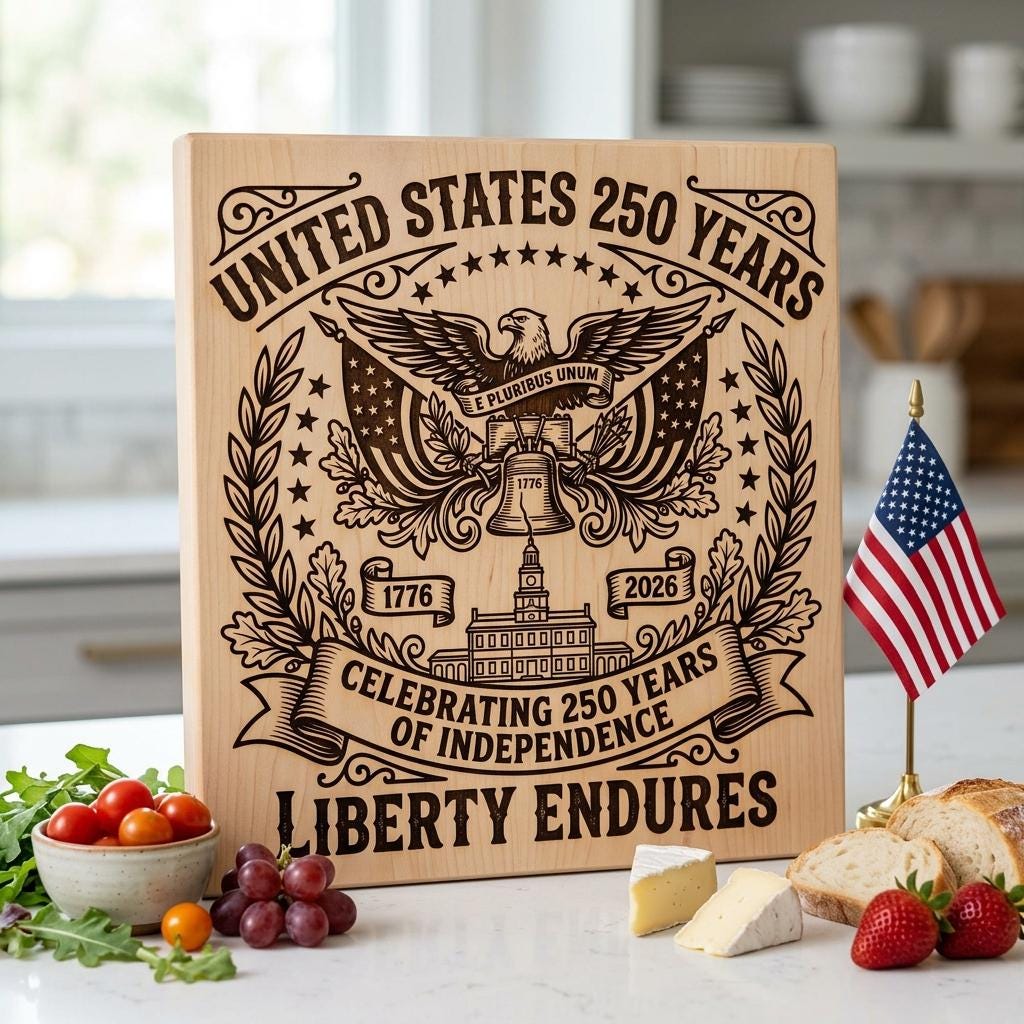 250th Anniversary Patriotic Engraving, Americana Chopping Board, US History – Image 2
