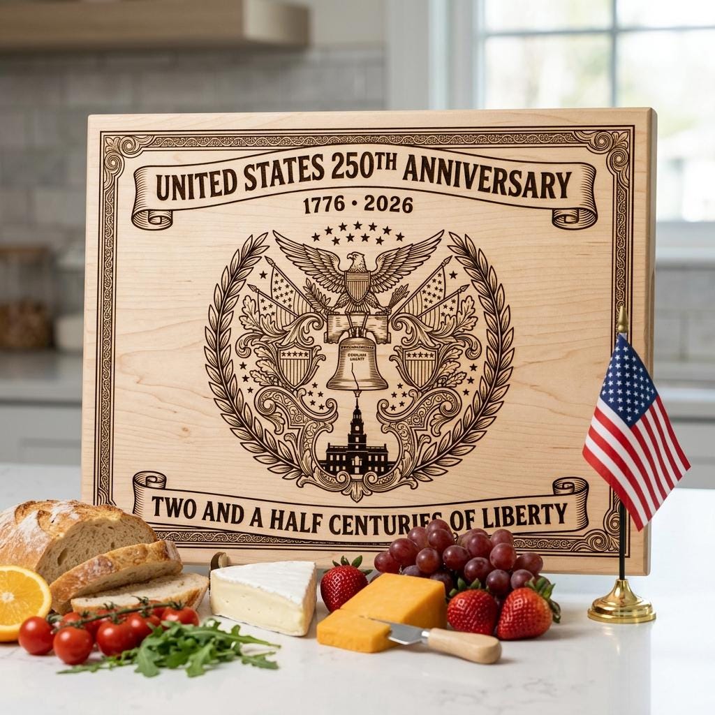 250th Anniversary Patriotic Engraving, Americana Chopping Board, US History – Image 6