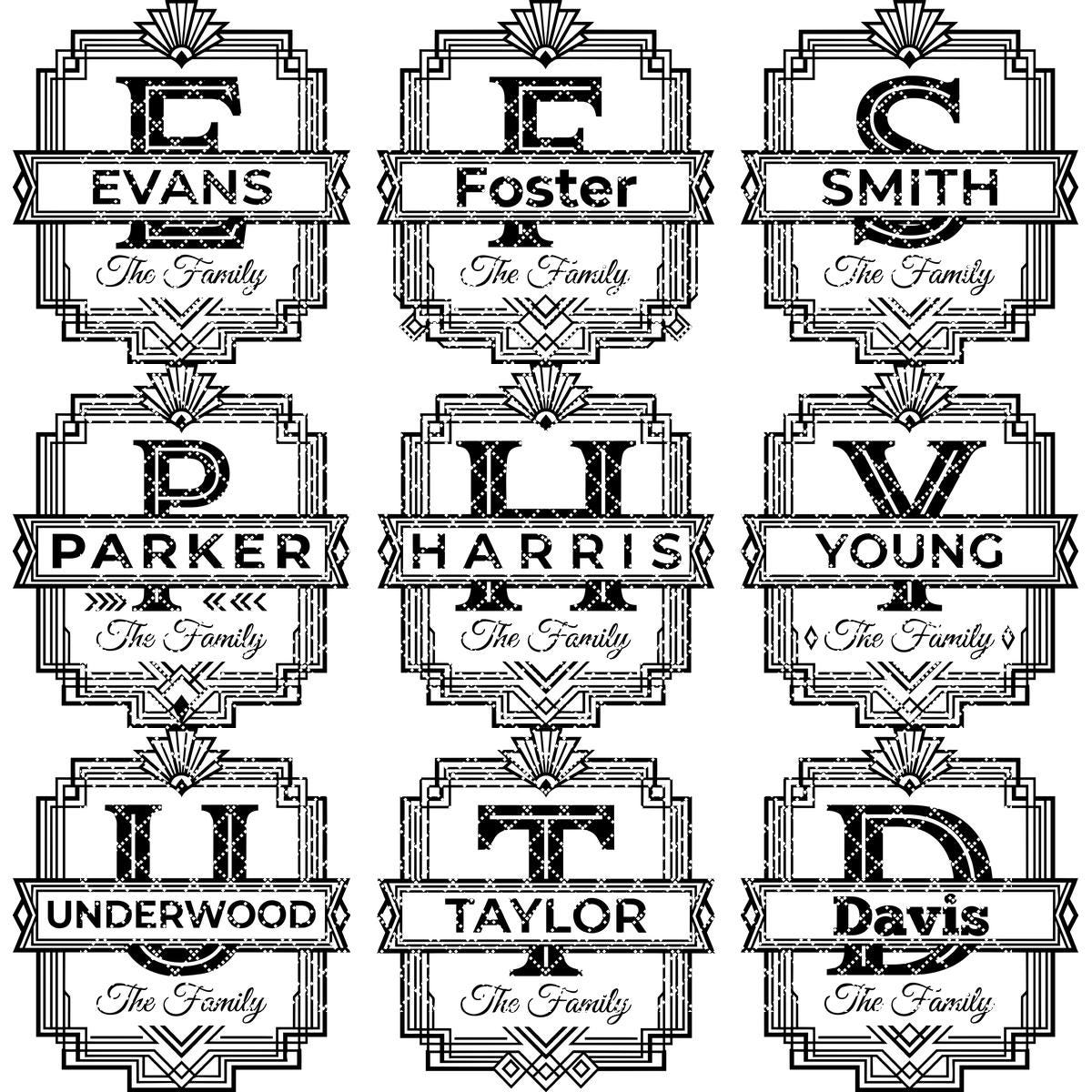 Ensemble d'alphabets de monogrammes Art Déco, Cadre géométrique à motif soleil rayonnant, Fichier de gravure personnalisé pour nom de famille – Image 11