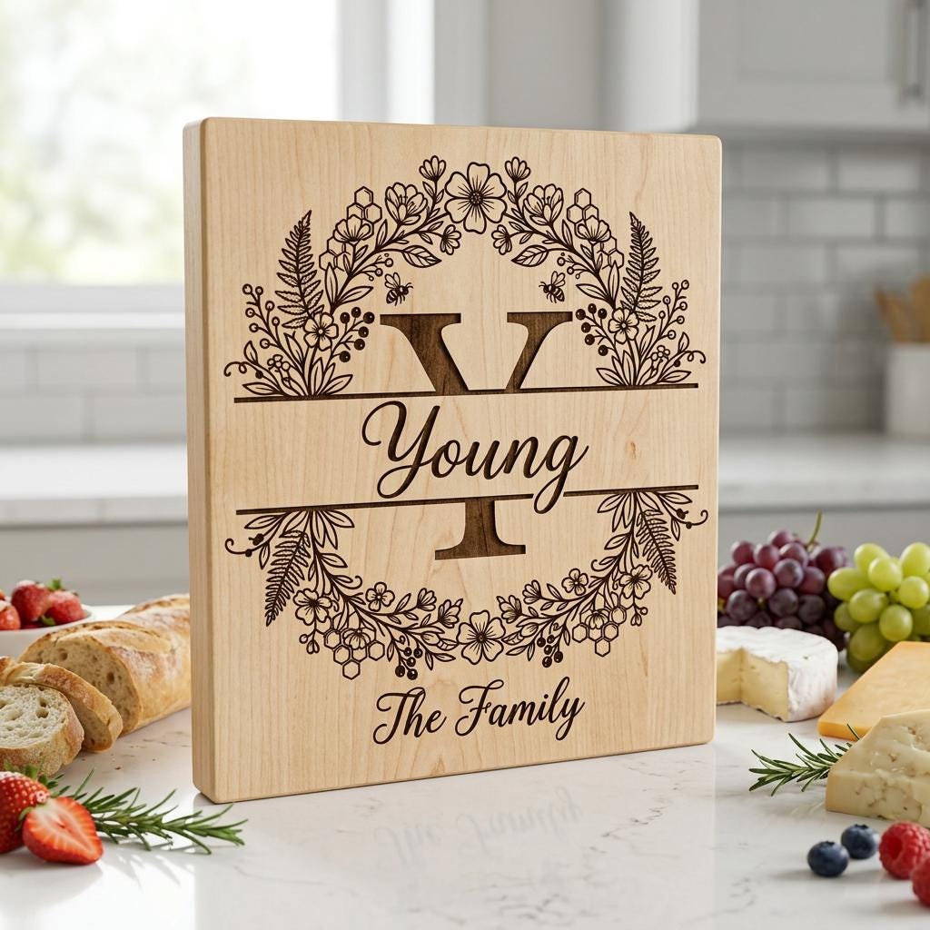 Set di incisione per tagliere, Ape e fiori di campo, Monogramma familiare personalizzato, Alfabeto floreale - immagine 10