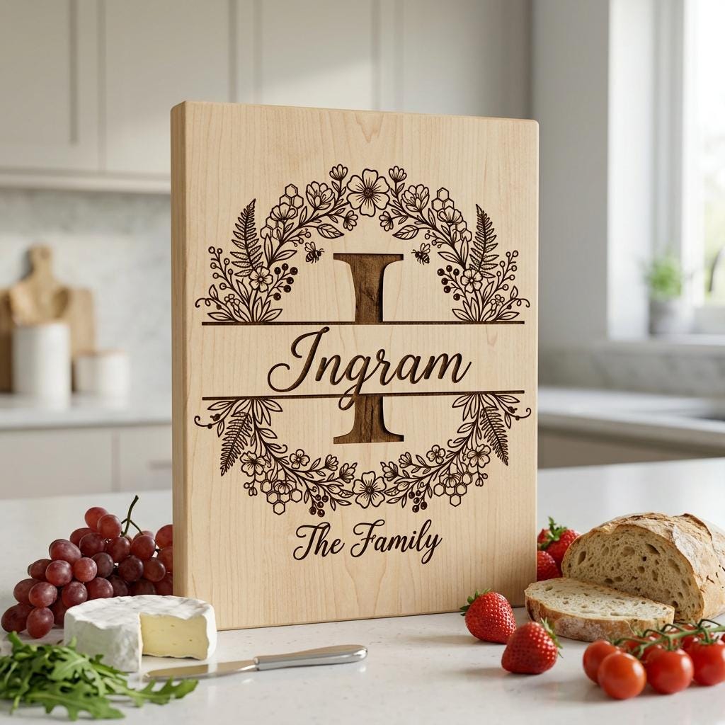Set di incisione per tagliere, Ape e fiori di campo, Monogramma familiare personalizzato, Alfabeto floreale - immagine 3