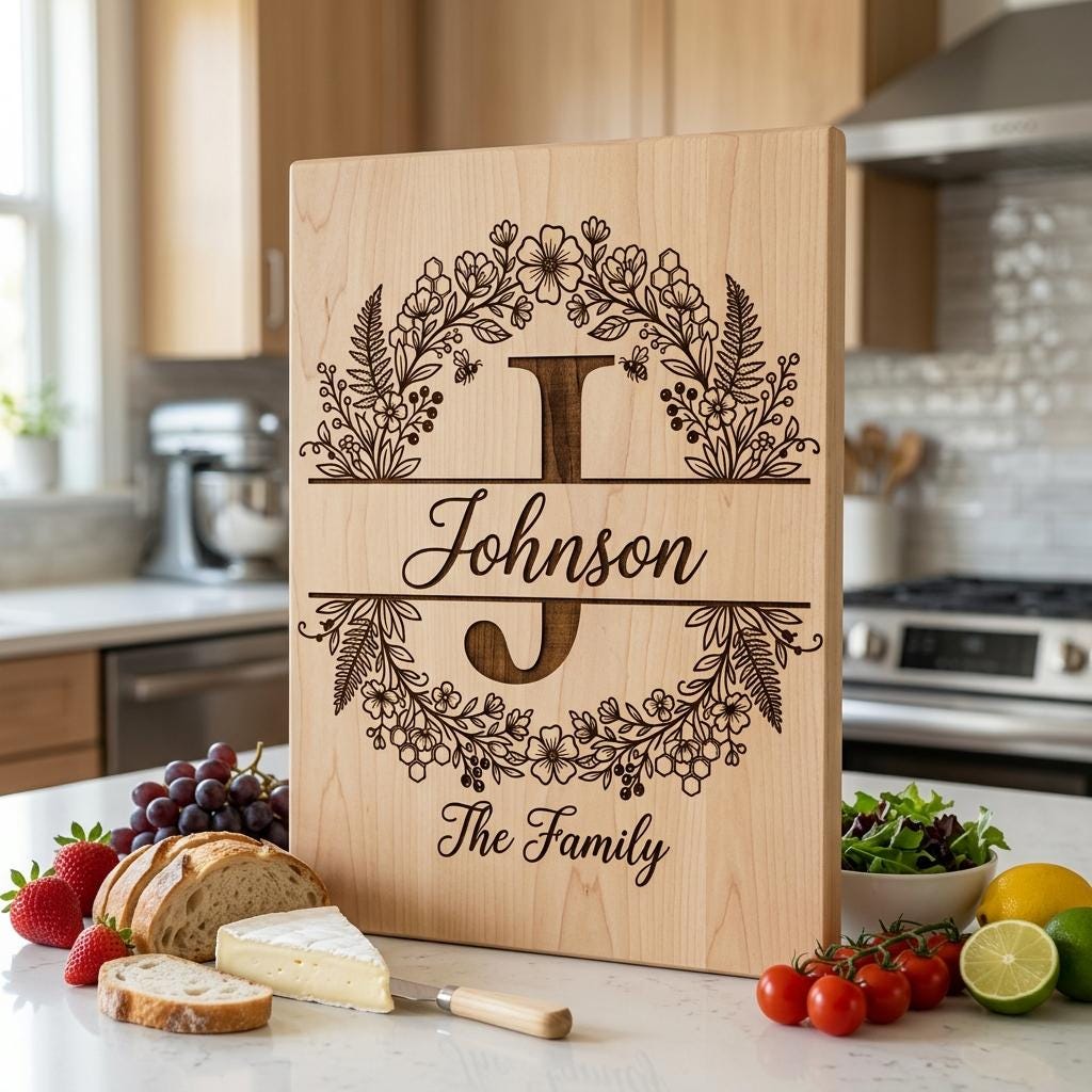 Set di incisione per tagliere, Ape e fiori di campo, Monogramma familiare personalizzato, Alfabeto floreale - immagine 4