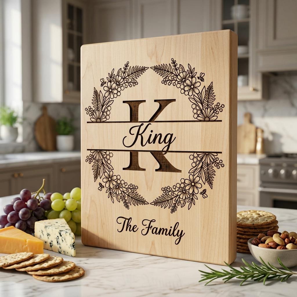 Set di incisione per tagliere, Ape e fiori di campo, Monogramma familiare personalizzato, Alfabeto floreale - immagine 5