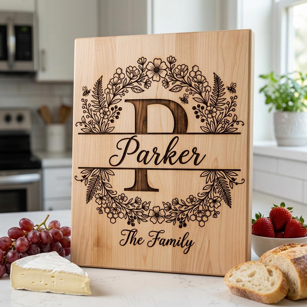 Set di incisione per tagliere, Ape e fiori di campo, Monogramma familiare personalizzato, Alfabeto floreale - immagine 8